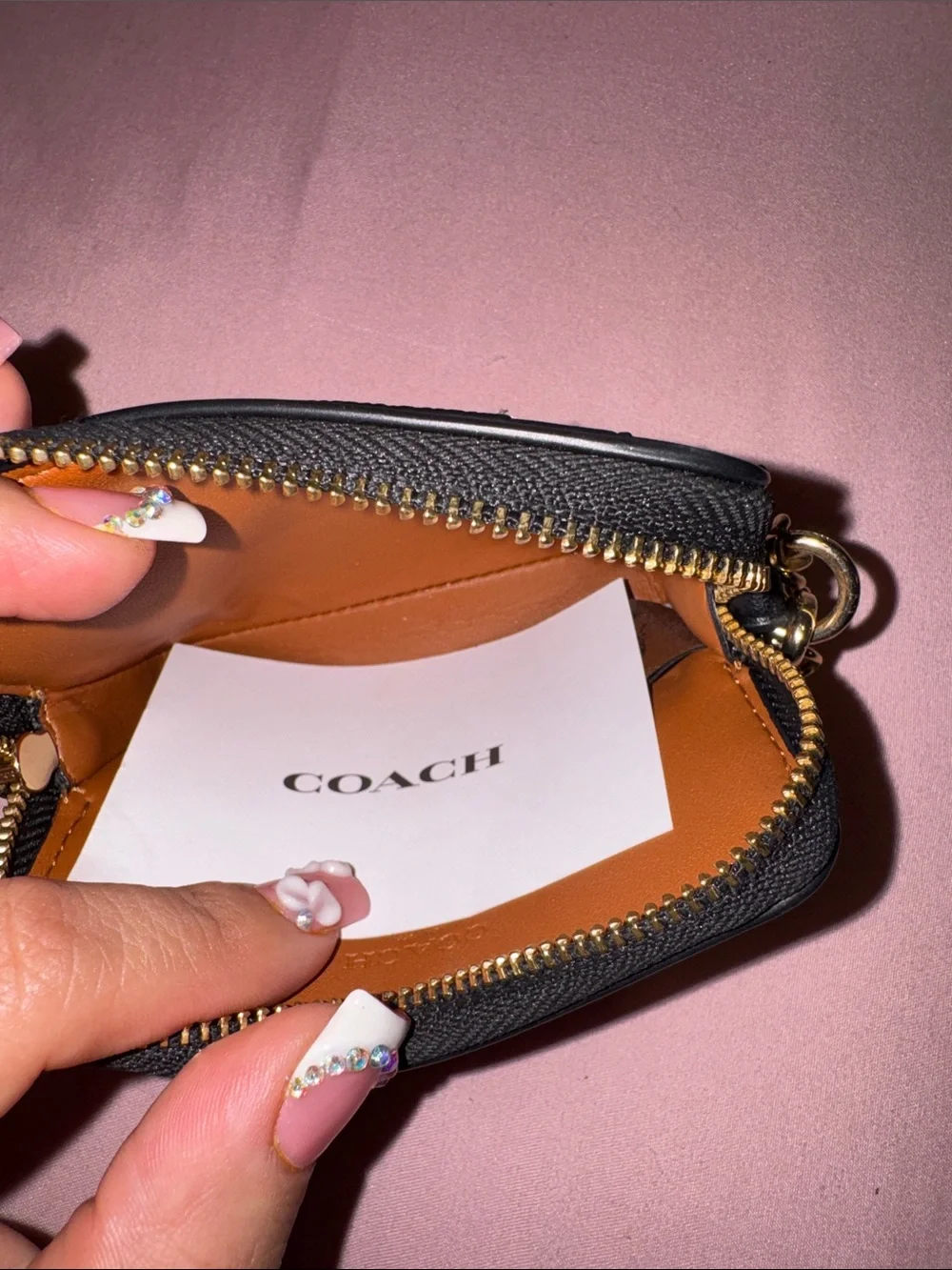 Coach Brown Signature Card Holder with Black Trim and Gold Chain